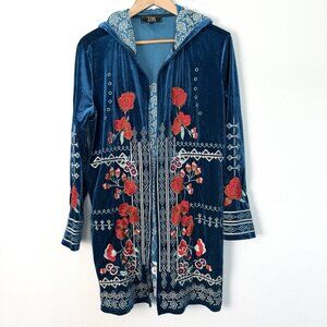 Lucky And Blessed Velvet Hooded Cardigan Floral Embroidery Womens Small Boho